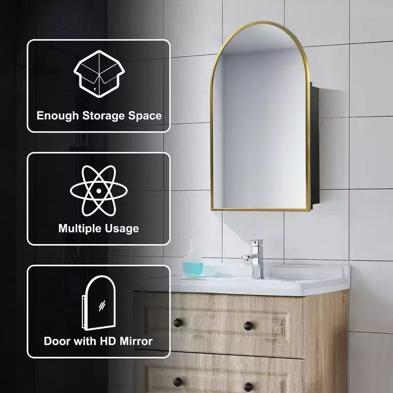 Mobiletto a specchio ad arco dorato per bagno da 36 x 24 pollici