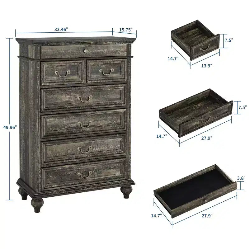 Cassettiera a 7 cassetti in stile rustico per camera da letto, cassettiera alta 50 cm in legno con texture naturale, ampi cassetti in 3 diverse dimensioni, cassettiera rustica da fattoria