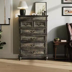 Cassettiera a 7 cassetti in stile rustico per camera da letto, cassettiera alta 50 cm in legno con texture naturale, ampi cassetti in 3 diverse dimensioni, cassettiera rustica da fattoria