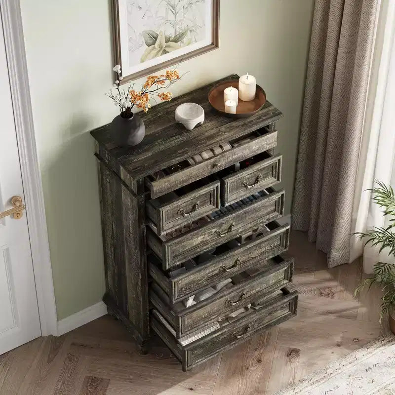 Cassettiera a 7 cassetti in stile rustico per camera da letto, cassettiera alta 50 cm in legno con texture naturale, ampi cassetti in 3 diverse dimensioni, cassettiera rustica da fattoria