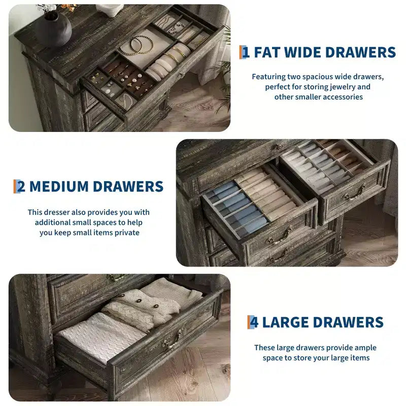 Cassettiera a 7 cassetti in stile rustico per camera da letto, cassettiera alta 50 cm in legno con texture naturale, ampi cassetti in 3 diverse dimensioni, cassettiera rustica da fattoria