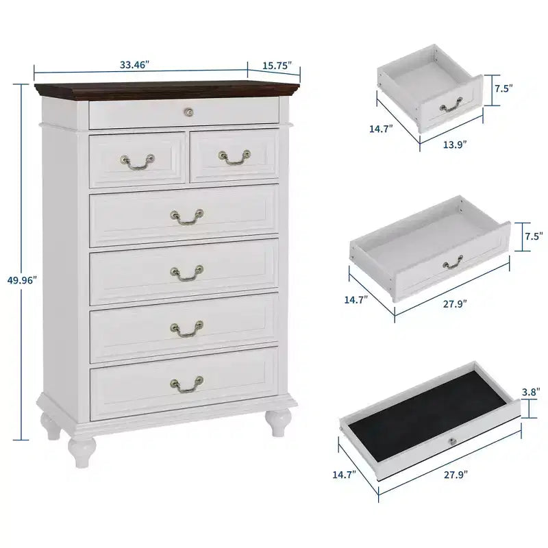 Cassettiera a 7 cassetti in stile rustico per camera da letto, cassettiera alta 50 cm in legno con texture naturale, ampi cassetti in 3 diverse dimensioni, cassettiera rustica da fattoria