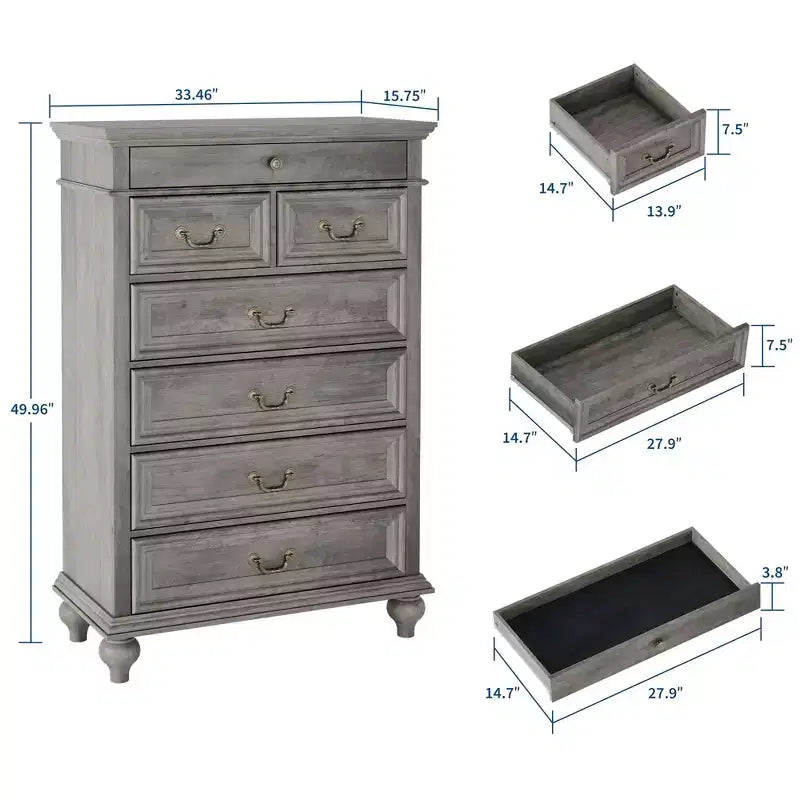 Cassettiera a 7 cassetti in stile rustico per camera da letto, cassettiera alta 50 cm in legno con texture naturale, ampi cassetti in 3 diverse dimensioni, cassettiera rustica da fattoria