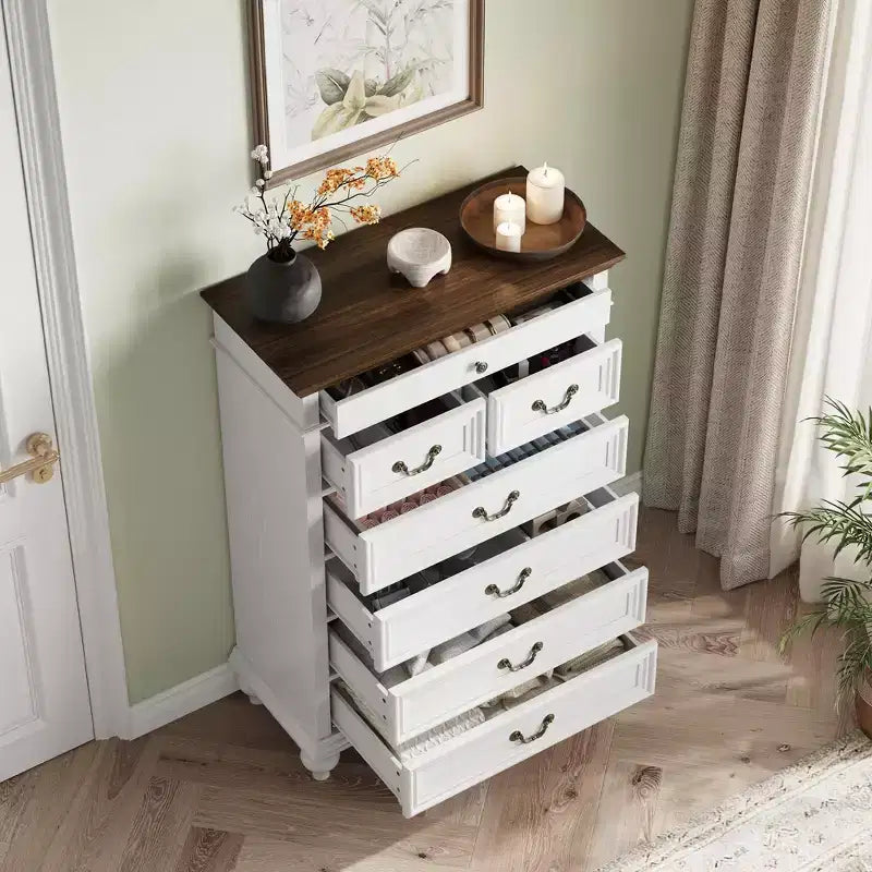 Cassettiera a 7 cassetti in stile rustico per camera da letto, cassettiera alta 50 cm in legno con texture naturale, ampi cassetti in 3 diverse dimensioni, cassettiera rustica da fattoria