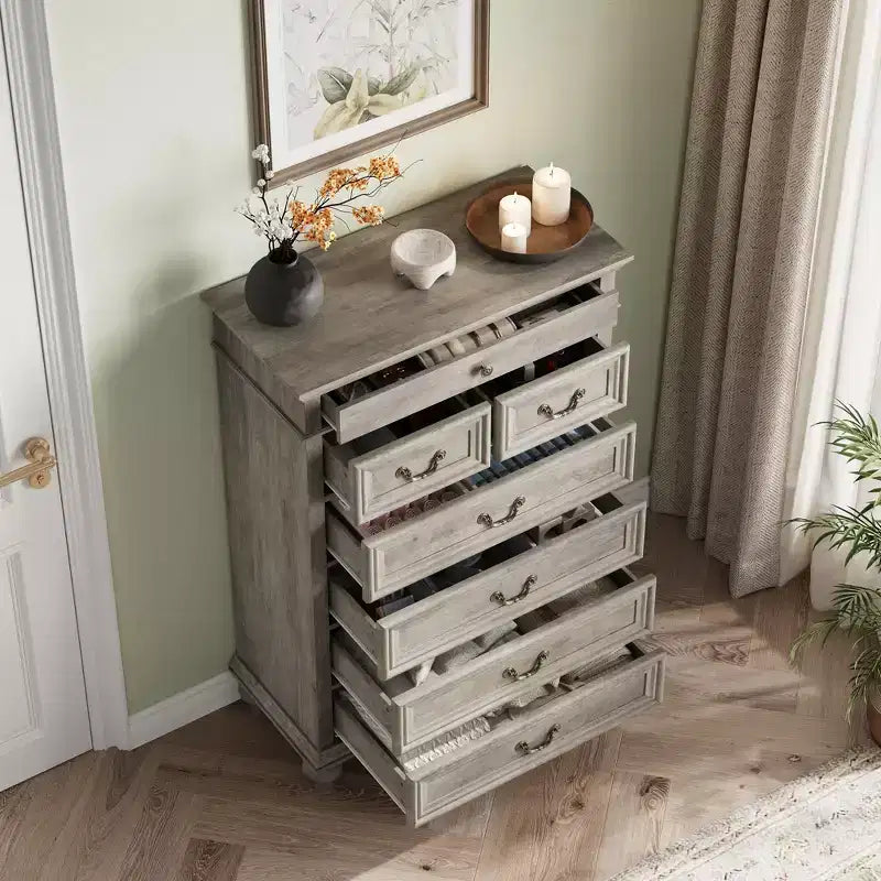 Cassettiera a 7 cassetti in stile rustico per camera da letto, cassettiera alta 50 cm in legno con texture naturale, ampi cassetti in 3 diverse dimensioni, cassettiera rustica da fattoria