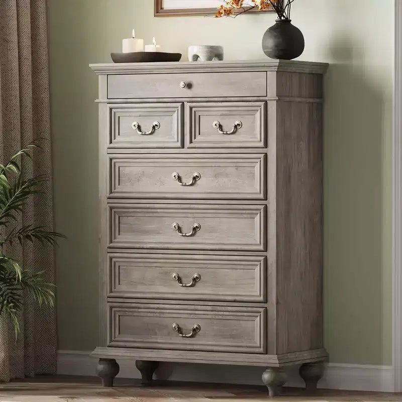 Farmhouse 7 Drawer Dresser for Bedroom, 50Tall Wood Dresser with Natural Texture,Large Drawers in 3 Different Sizes,Rustic Farmhouse Chest of Drawers