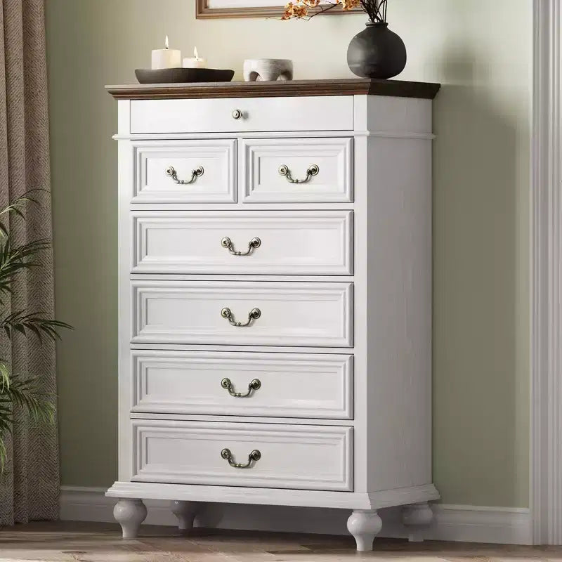 Cassettiera a 7 cassetti in stile rustico per camera da letto, cassettiera alta 50 cm in legno con texture naturale, ampi cassetti in 3 diverse dimensioni, cassettiera rustica da fattoria