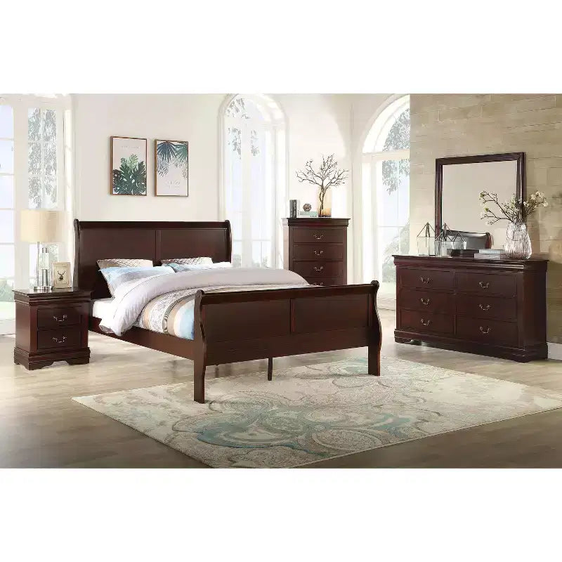 Okak 62 Queen Sleigh Bed Solid Wood Youth Bed Frame with Headboard/Footboard, Low Profile Safe Design for Kids Room, Cherry