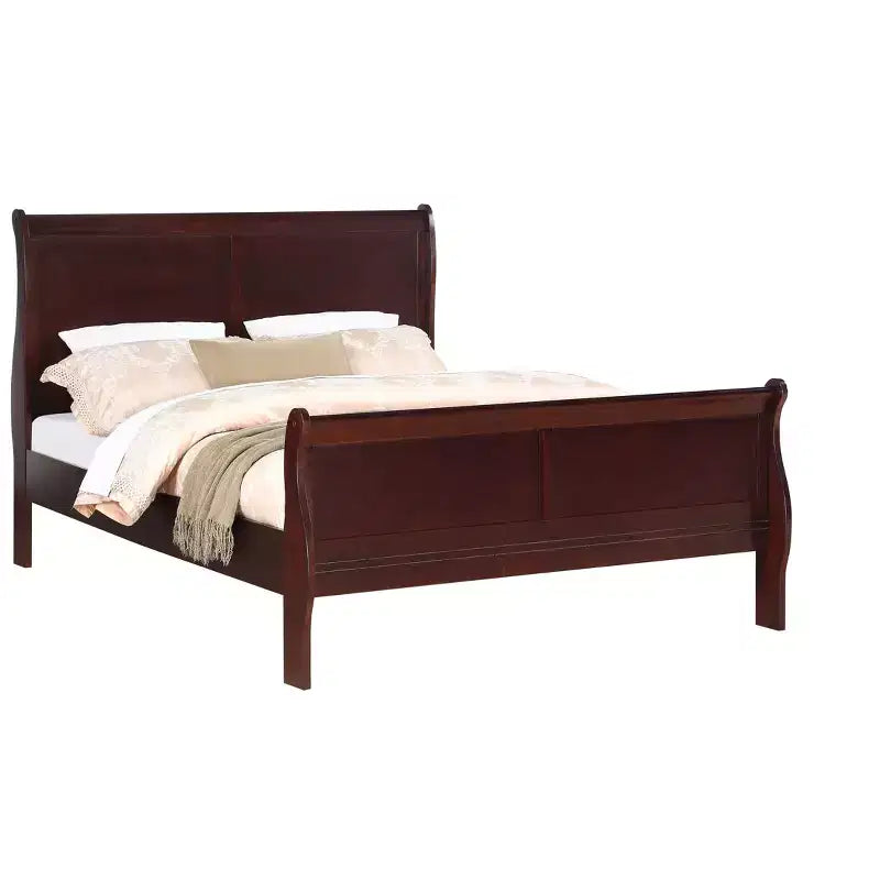 Letto Queen a slitta da 62" in legno massello per ragazzi con testiera/pediera, design a basso profilo sicuro per camerette, ciliegio