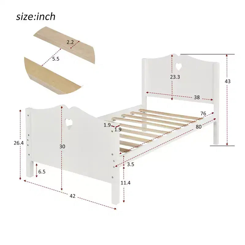 Struttura letto a piattaforma singola con supporti a doghe in legno e testiera e pediera, bianco