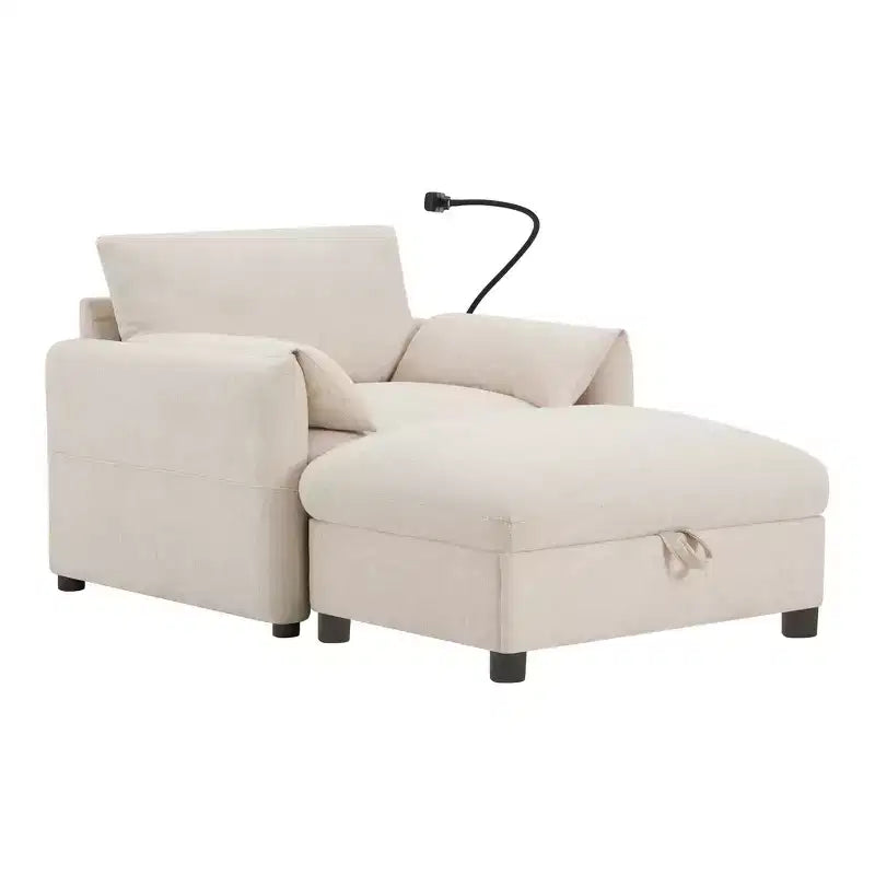 Divano Singolo Oversize in ciniglia e Chaise Longue con Pouf Contenitore, Supporto Telefono Regolabile, Porte di Ricarica, Tasche Laterali