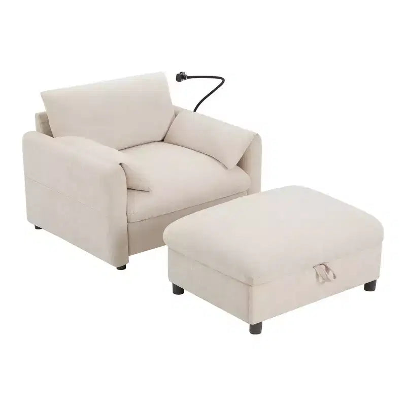 Divano Singolo Oversize in ciniglia e Chaise Longue con Pouf Contenitore, Supporto Telefono Regolabile, Porte di Ricarica, Tasche Laterali