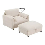 Divano Singolo Oversize in ciniglia e Chaise Longue con Pouf Contenitore, Supporto Telefono Regolabile, Porte di Ricarica, Tasche Laterali