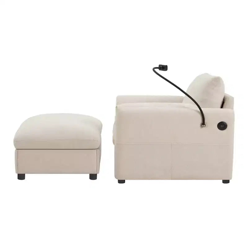 Divano Singolo Oversize in ciniglia e Chaise Longue con Pouf Contenitore, Supporto Telefono Regolabile, Porte di Ricarica, Tasche Laterali