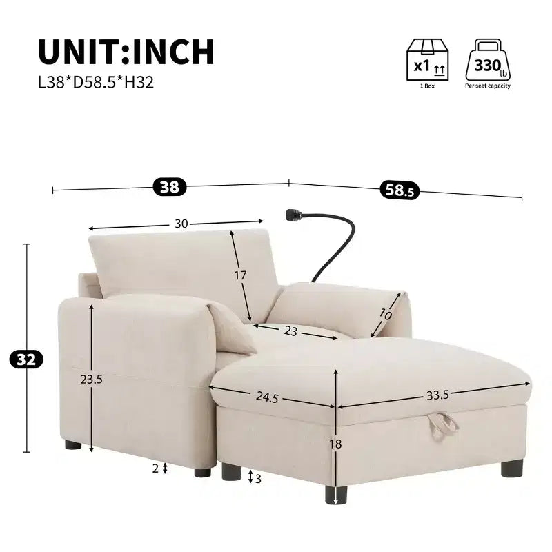 Divano Singolo Oversize in ciniglia e Chaise Longue con Pouf Contenitore, Supporto Telefono Regolabile, Porte di Ricarica, Tasche Laterali