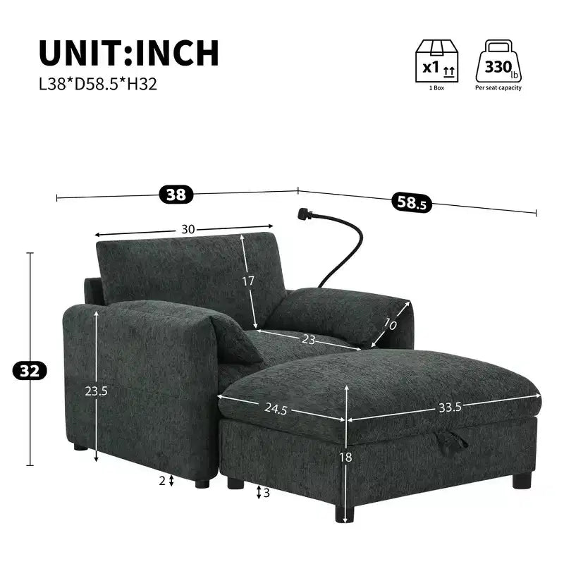 Divano Singolo Oversize in ciniglia e Chaise Longue con Pouf Contenitore, Supporto Telefono Regolabile, Porte di Ricarica, Tasche Laterali
