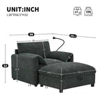 Divano Singolo Oversize in ciniglia e Chaise Longue con Pouf Contenitore, Supporto Telefono Regolabile, Porte di Ricarica, Tasche Laterali