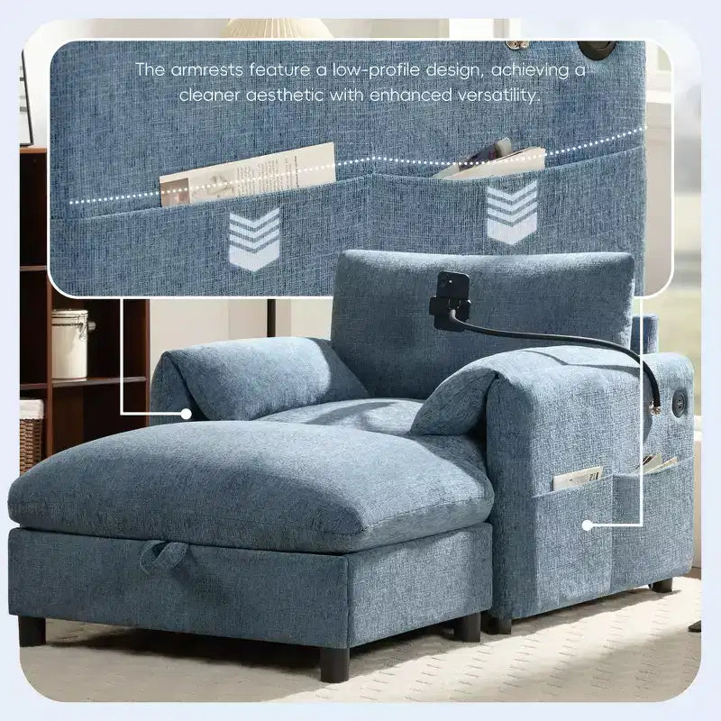 Divano Singolo Oversize in ciniglia e Chaise Longue con Pouf Contenitore, Supporto Telefono Regolabile, Porte di Ricarica, Tasche Laterali