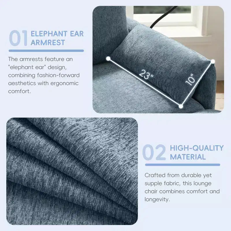 Divano Singolo Oversize in ciniglia e Chaise Longue con Pouf Contenitore, Supporto Telefono Regolabile, Porte di Ricarica, Tasche Laterali