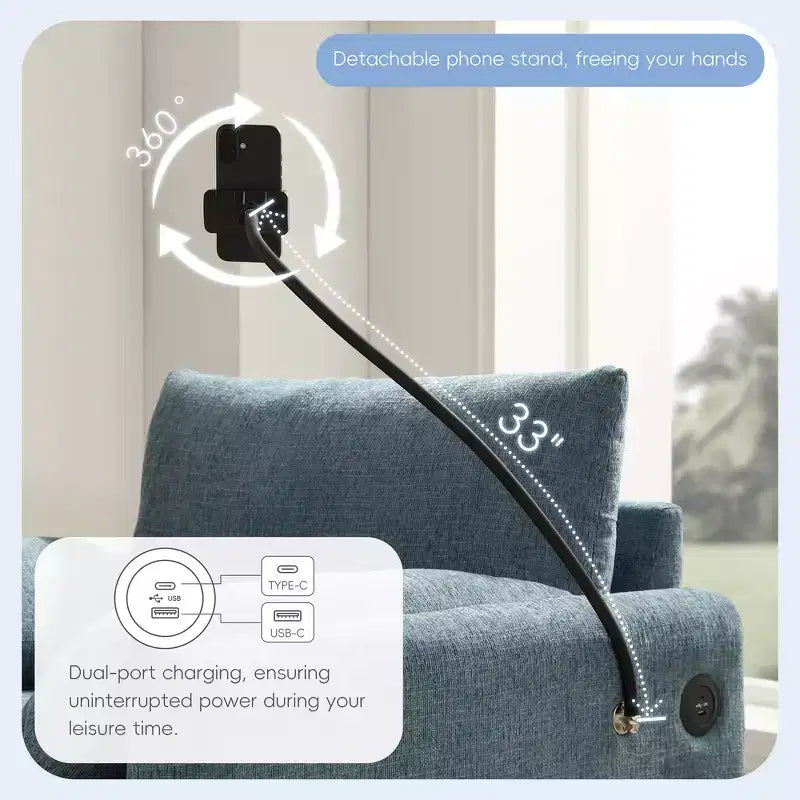 Divano Singolo Oversize in ciniglia e Chaise Longue con Pouf Contenitore, Supporto Telefono Regolabile, Porte di Ricarica, Tasche Laterali