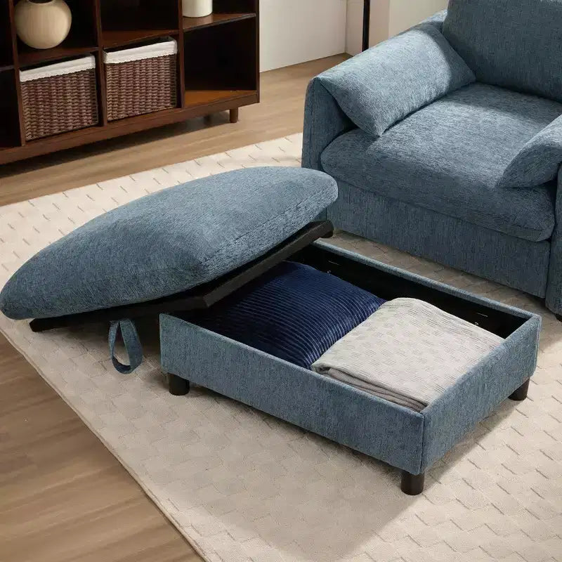 Divano Singolo Oversize in ciniglia e Chaise Longue con Pouf Contenitore, Supporto Telefono Regolabile, Porte di Ricarica, Tasche Laterali