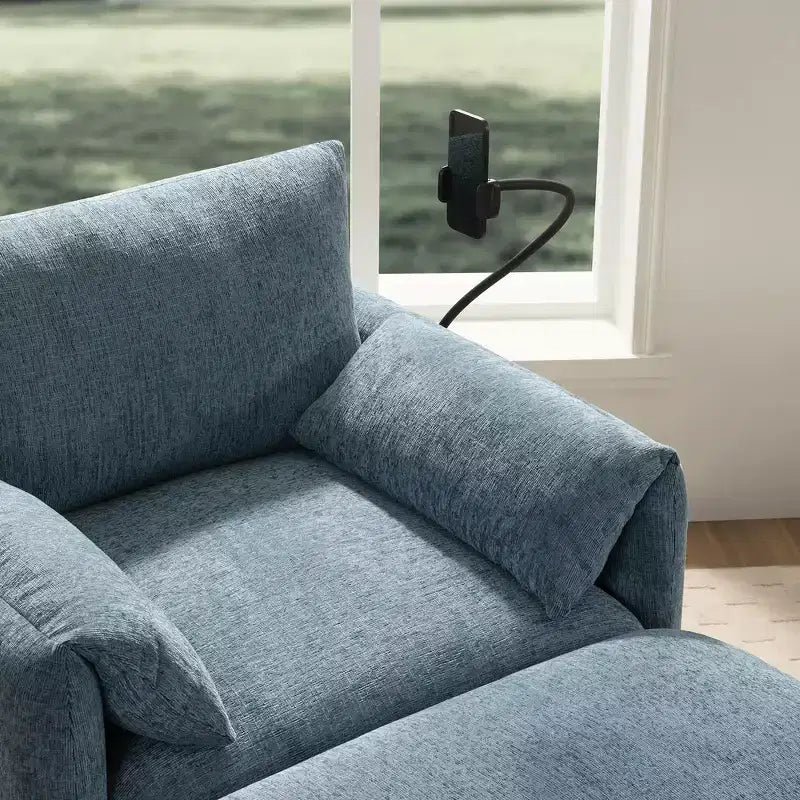 Divano Singolo Oversize in ciniglia e Chaise Longue con Pouf Contenitore, Supporto Telefono Regolabile, Porte di Ricarica, Tasche Laterali