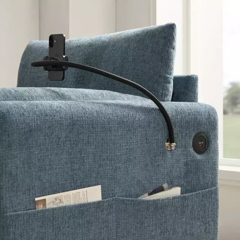 Divano Singolo Oversize in ciniglia e Chaise Longue con Pouf Contenitore, Supporto Telefono Regolabile, Porte di Ricarica, Tasche Laterali
