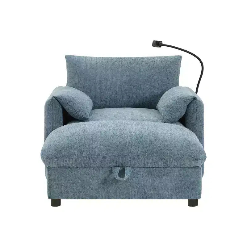 Divano Singolo Oversize in ciniglia e Chaise Longue con Pouf Contenitore, Supporto Telefono Regolabile, Porte di Ricarica, Tasche Laterali