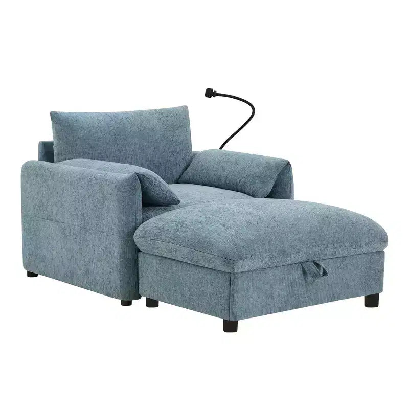 Divano Singolo Oversize in ciniglia e Chaise Longue con Pouf Contenitore, Supporto Telefono Regolabile, Porte di Ricarica, Tasche Laterali