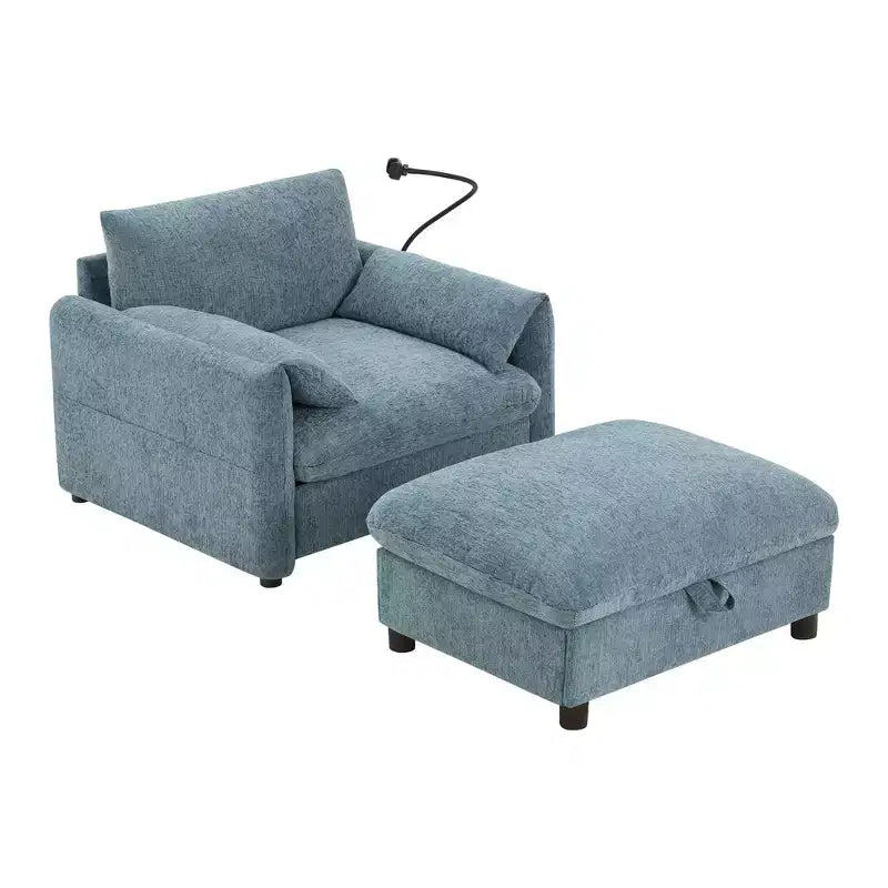 Divano Singolo Oversize in ciniglia e Chaise Longue con Pouf Contenitore, Supporto Telefono Regolabile, Porte di Ricarica, Tasche Laterali