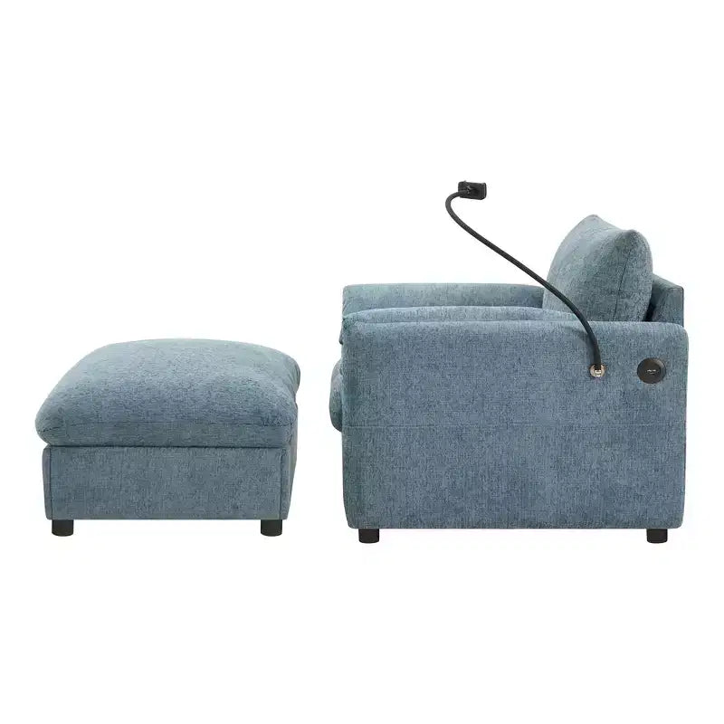 Divano Singolo Oversize in ciniglia e Chaise Longue con Pouf Contenitore, Supporto Telefono Regolabile, Porte di Ricarica, Tasche Laterali