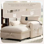 Divano Singolo Oversize in ciniglia e Chaise Longue con Pouf Contenitore, Supporto Telefono Regolabile, Porte di Ricarica, Tasche Laterali
