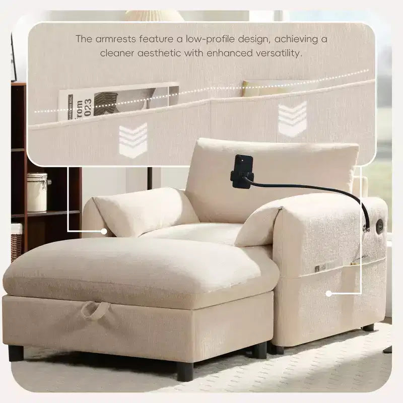 Divano Singolo Oversize in ciniglia e Chaise Longue con Pouf Contenitore, Supporto Telefono Regolabile, Porte di Ricarica, Tasche Laterali