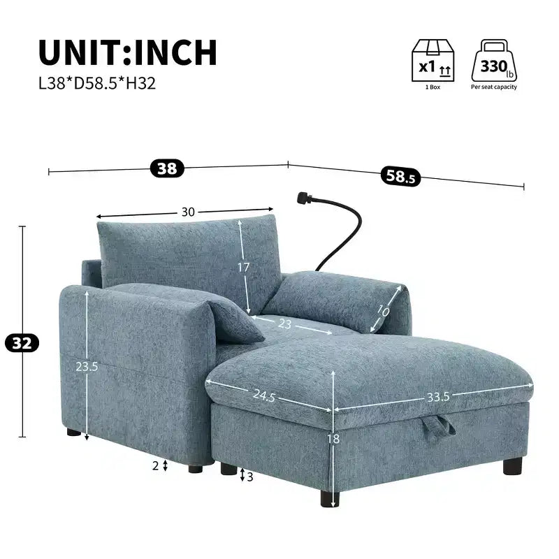 Divano Singolo Oversize in ciniglia e Chaise Longue con Pouf Contenitore, Supporto Telefono Regolabile, Porte di Ricarica, Tasche Laterali