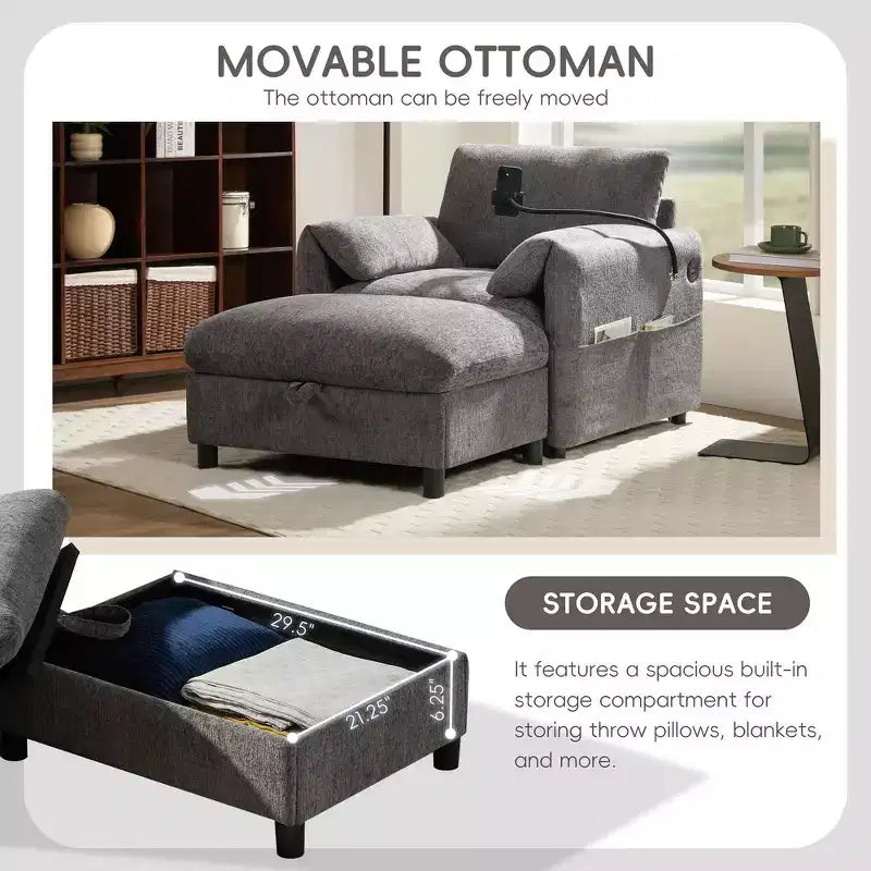 Divano Singolo Oversize in ciniglia e Chaise Longue con Pouf Contenitore, Supporto Telefono Regolabile, Porte di Ricarica, Tasche Laterali