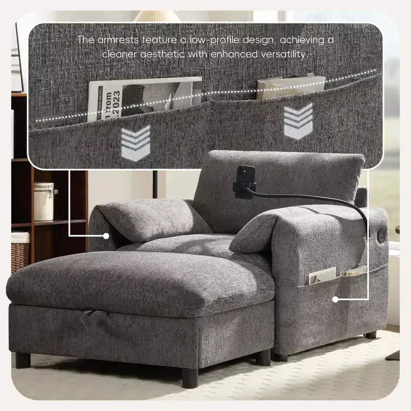Divano Singolo Oversize in ciniglia e Chaise Longue con Pouf Contenitore, Supporto Telefono Regolabile, Porte di Ricarica, Tasche Laterali