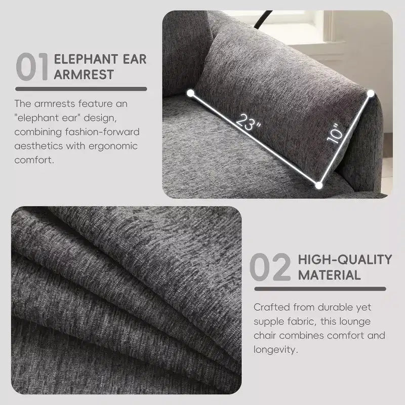 Divano Singolo Oversize in ciniglia e Chaise Longue con Pouf Contenitore, Supporto Telefono Regolabile, Porte di Ricarica, Tasche Laterali