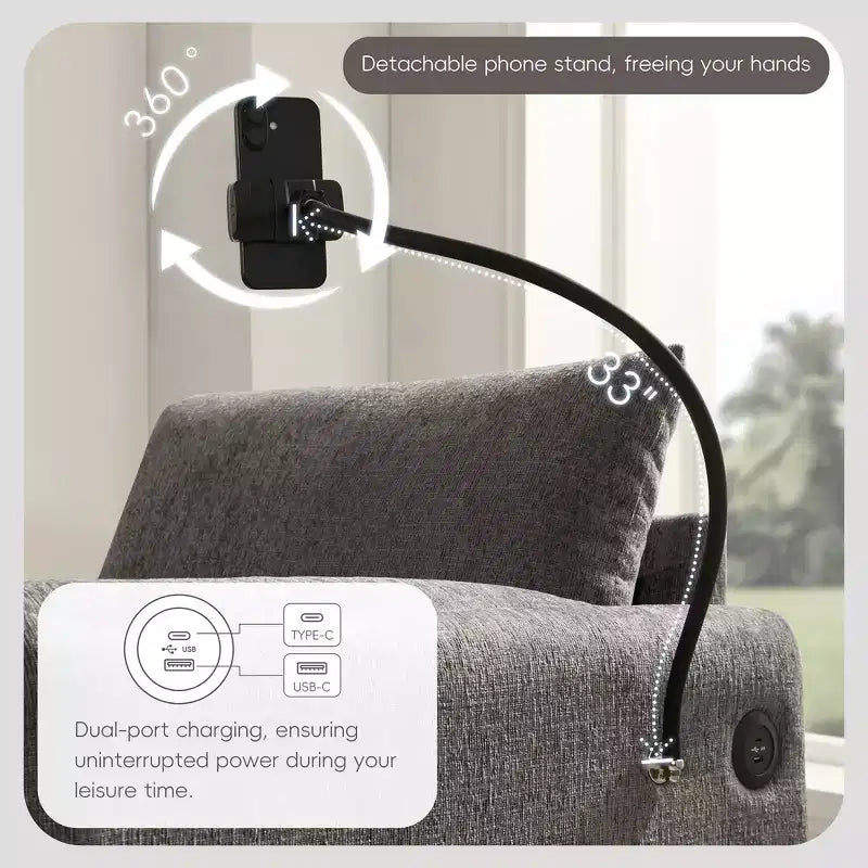 Divano Singolo Oversize in ciniglia e Chaise Longue con Pouf Contenitore, Supporto Telefono Regolabile, Porte di Ricarica, Tasche Laterali