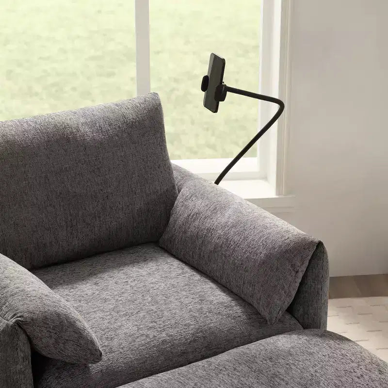 Divano Singolo Oversize in ciniglia e Chaise Longue con Pouf Contenitore, Supporto Telefono Regolabile, Porte di Ricarica, Tasche Laterali