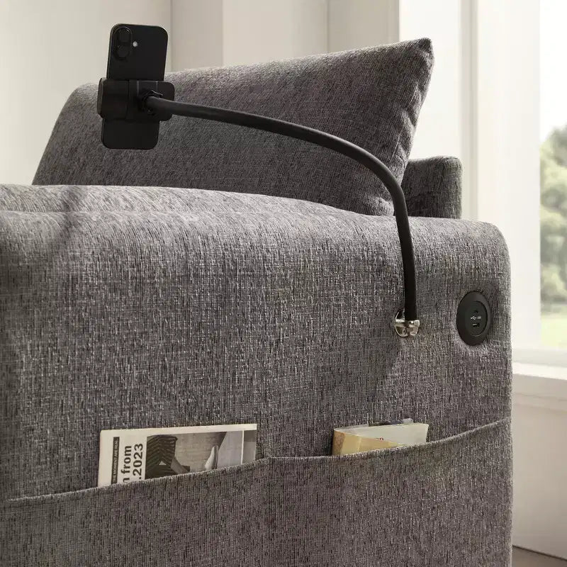 Divano Singolo Oversize in ciniglia e Chaise Longue con Pouf Contenitore, Supporto Telefono Regolabile, Porte di Ricarica, Tasche Laterali