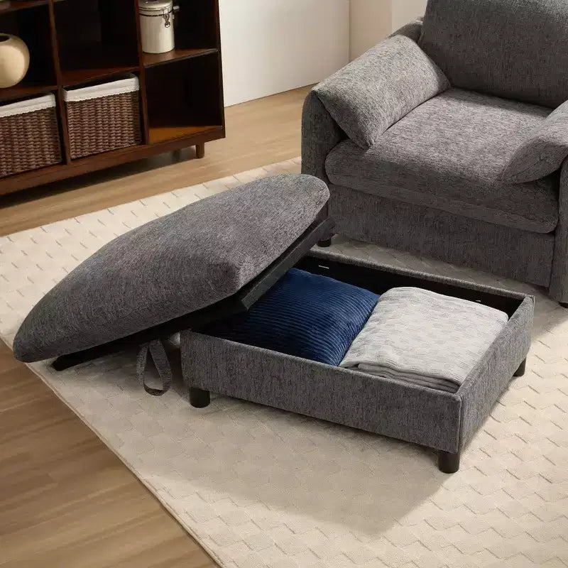 Divano Singolo Oversize in ciniglia e Chaise Longue con Pouf Contenitore, Supporto Telefono Regolabile, Porte di Ricarica, Tasche Laterali