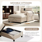 Divano Singolo Oversize in ciniglia e Chaise Longue con Pouf Contenitore, Supporto Telefono Regolabile, Porte di Ricarica, Tasche Laterali