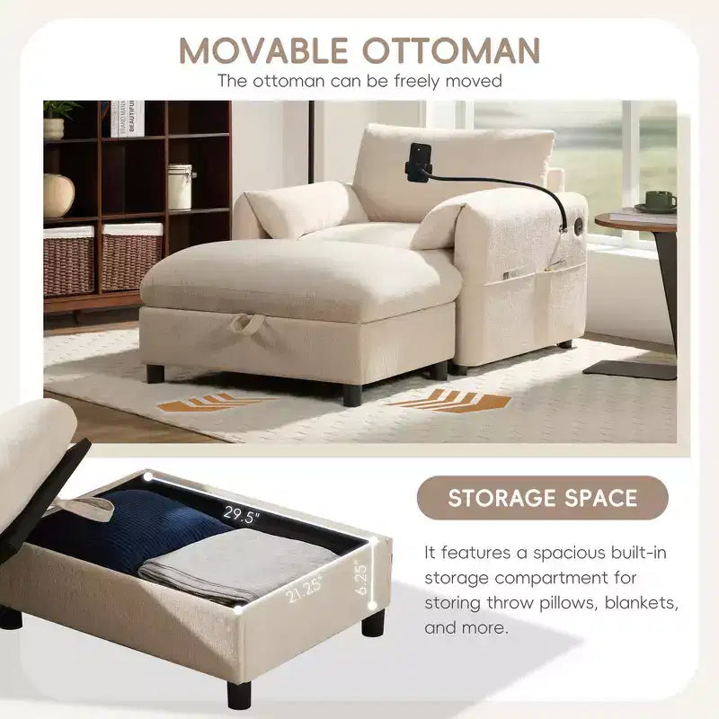 Divano Singolo Oversize in ciniglia e Chaise Longue con Pouf Contenitore, Supporto Telefono Regolabile, Porte di Ricarica, Tasche Laterali