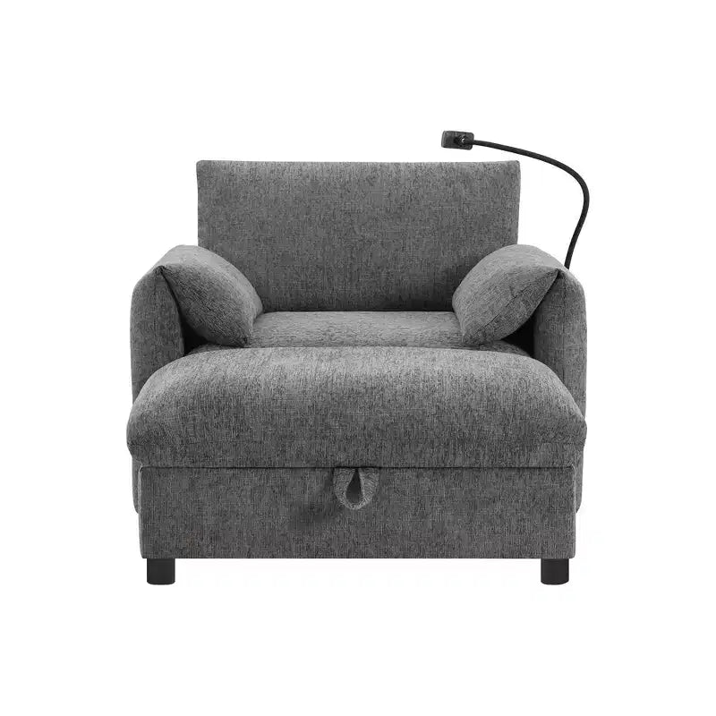 Divano Singolo Oversize in ciniglia e Chaise Longue con Pouf Contenitore, Supporto Telefono Regolabile, Porte di Ricarica, Tasche Laterali