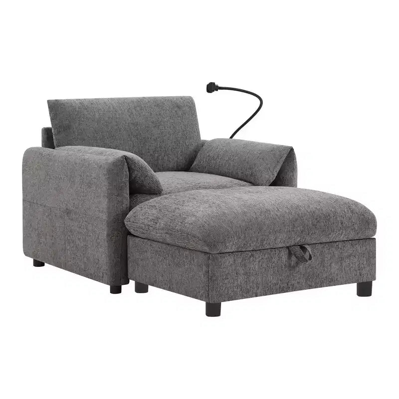 Divano Singolo Oversize in ciniglia e Chaise Longue con Pouf Contenitore, Supporto Telefono Regolabile, Porte di Ricarica, Tasche Laterali