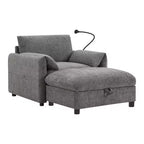 Divano Singolo Oversize in ciniglia e Chaise Longue con Pouf Contenitore, Supporto Telefono Regolabile, Porte di Ricarica, Tasche Laterali