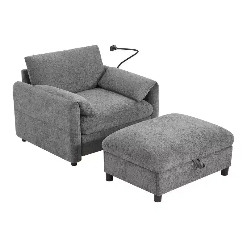 Divano Singolo Oversize in ciniglia e Chaise Longue con Pouf Contenitore, Supporto Telefono Regolabile, Porte di Ricarica, Tasche Laterali