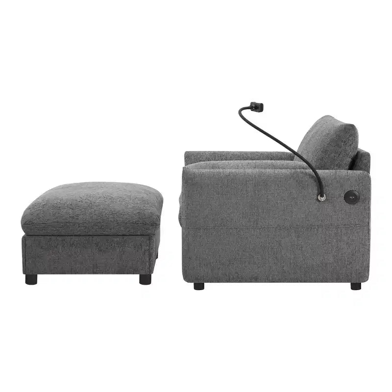 Divano Singolo Oversize in ciniglia e Chaise Longue con Pouf Contenitore, Supporto Telefono Regolabile, Porte di Ricarica, Tasche Laterali