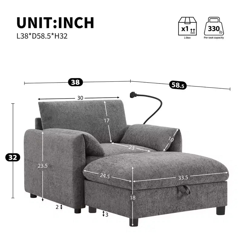 Divano Singolo Oversize in ciniglia e Chaise Longue con Pouf Contenitore, Supporto Telefono Regolabile, Porte di Ricarica, Tasche Laterali