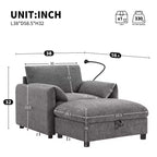 Divano Singolo Oversize in ciniglia e Chaise Longue con Pouf Contenitore, Supporto Telefono Regolabile, Porte di Ricarica, Tasche Laterali